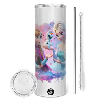 Έλσα & Άννα, Tumbler ποτήρι θερμό από ανοξείδωτο ατσάλι 600ml, με μεταλλικό καλαμάκι & βούρτσα καθαρισμού