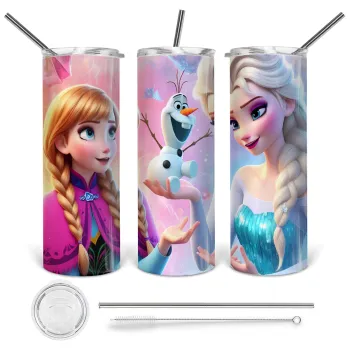 Έλσα & Άννα, Tumbler ποτήρι θερμό από ανοξείδωτο ατσάλι 600ml, με μεταλλικό καλαμάκι & βούρτσα καθαρισμού