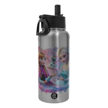 Έλσα & Άννα, Μεταλλικό παγούρι θερμός Silver με καλαμάκι και χερούλι (Stainless steel), διπλού τοιχώματος, 950ml