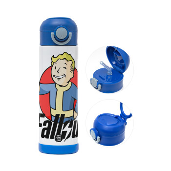 Fallout Vault Boy, Children's hot water bottle, stainless steel, with safety straw, BLUE (500ml)