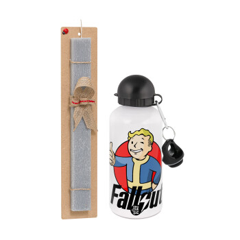 Fallout Vault Boy, Πασχαλινή Λαμπάδα με παγούρι μεταλλικό  αλουμινίου (500ml) & κερί αρωματικό πλακέ (30cm) (ΓΚΡΙ)