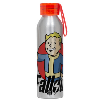 Fallout Vault Boy, Αλουμινένιο Αθλητικό Μπουκάλι 650ml – Ασημί με Κόκκινο Καπάκι και Λουράκι Σιλικόνης