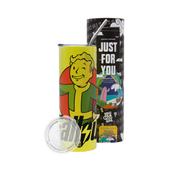 Fallout Vault Boy, Neon Yellow Travel Tumbler, with metal straw (Stainless steel 304 Food grade, BPA free, 600ml)