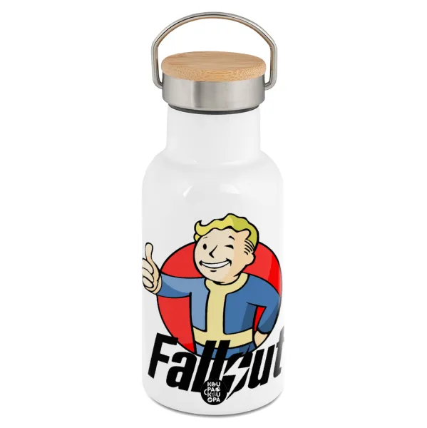 Fallout Vault Boy — Metallic thermos (Stainless steel) White with wooden lid (bamboo), double-walled, 350ml