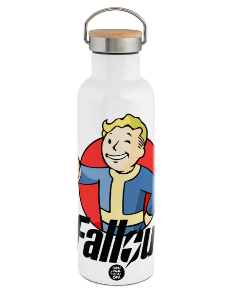 Fallout Vault Boy — Stainless steel White with wooden lid (bamboo), double wall, 750ml
