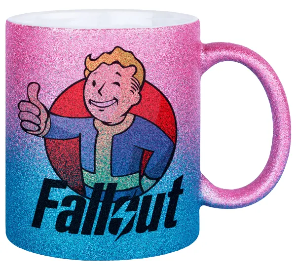 Fallout Vault Boy — Gold/blue glitter mug, ceramic, 330ml