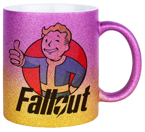 Fallout Vault Boy — Gold/pink glitter mug, ceramic, 330ml