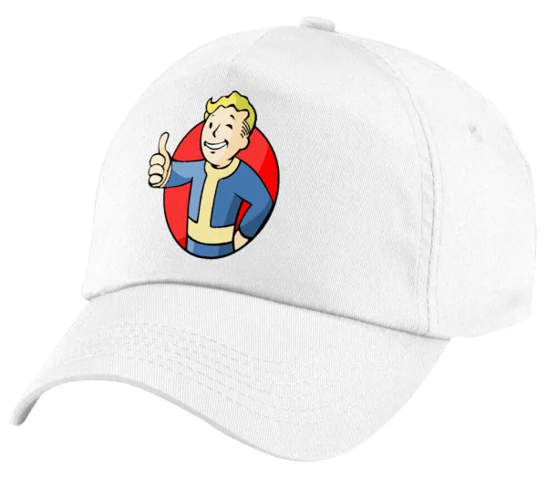 Fallout Vault Boy — Children's Baseball Cap, 100% Cotton Twill, White (COTTON, CHILDREN'S, UNISEX, ONE SIZE)