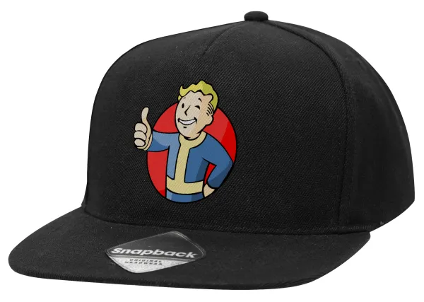Fallout Vault Boy — Adult Flat Snapback Hat Black, (100% COTTON TWILL, ADULT, UNISEX, ONE SIZE)
