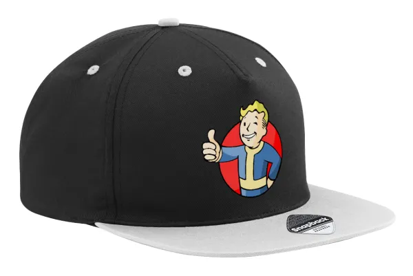Fallout Vault Boy — Adult Flat Snapback Hat Black/Grey, (100% COTTON TWILL, ADULT, UNISEX, ONE SIZE)