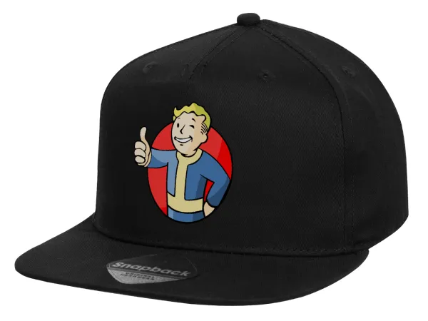 Fallout Vault Boy — Καπέλο παιδικό Flat Snapback, Μαύρο (100% ΒΑΜΒΑΚΕΡΟ, ΠΑΙΔΙΚΟ, UNISEX, ONE SIZE)
