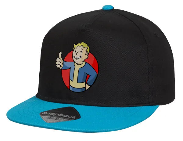 Fallout Vault Boy — Child's Flat Snapback Hat, Black/Blue (100% COTTON, CHILD, UNISEX, ONE SIZE)
