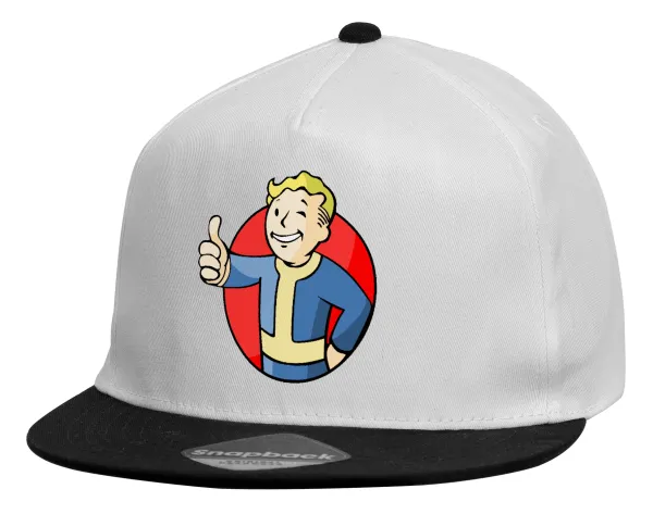 Fallout Vault Boy — Child's Flat Snapback Hat, White (100% COTTON, CHILDREN'S, UNISEX, ONE SIZE)