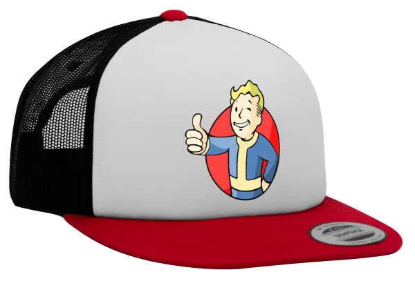 Fallout Vault Boy — Adult Foam Flat Snapback with Mesh Red-White-Black (POLYESTER, ADULT, UNISEX, ONE SIZE)