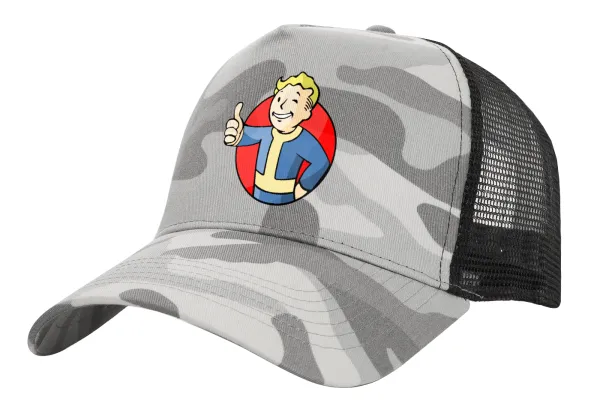 Fallout Vault Boy — Adult Structured Trucker Hat, with Mesh, (Camouflage) Army Camo (100% COTTON, ADULT, UNISEX, ONE SIZE)