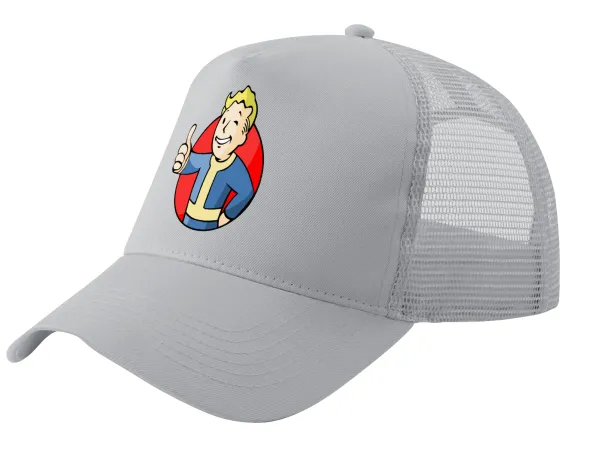 Fallout Vault Boy — Adult Structured Trucker Hat, with Mesh, GRAY (100% COTTON, ADULT, UNISEX, ONE SIZE)