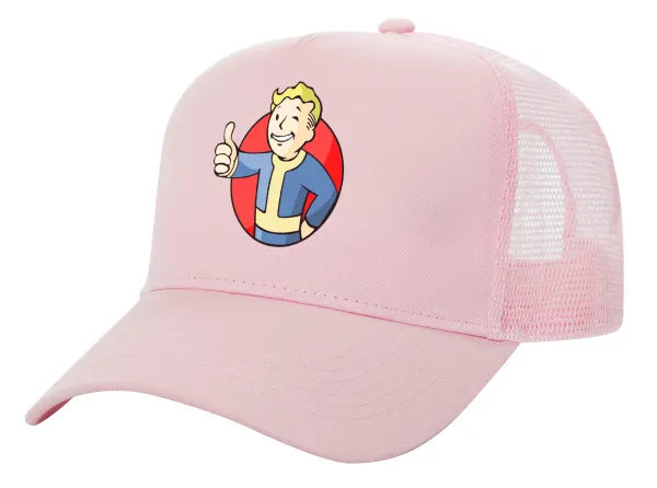 Fallout Vault Boy — Adult Structured Trucker Hat, with Mesh, PINK (100% COTTON, ADULT, UNISEX, ONE SIZE)