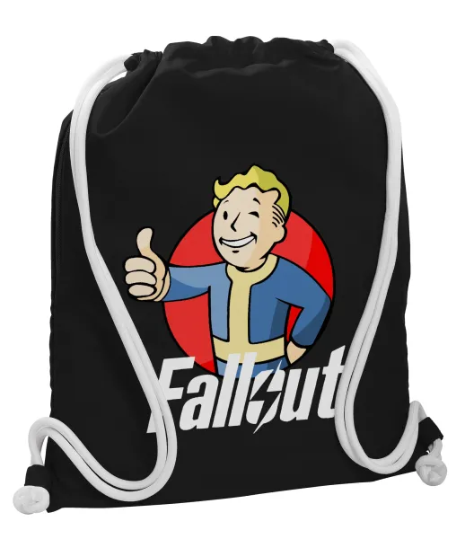Fallout Vault Boy — Backpack pouch GYMBAG Black, with pocket (40x48cm) & thick white cords