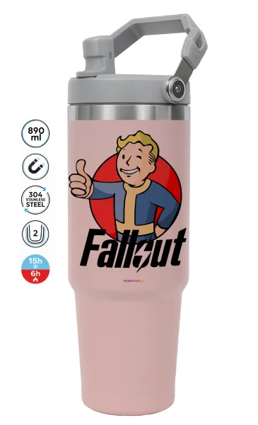 Fallout Vault Boy — ΡΟΖ Travel Tumbler Θερμός με χερούλι και καλαμάκι 890ml