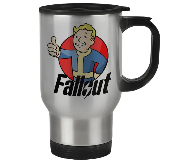 Fallout Vault Boy — Stainless steel travel mug with lid, double wall 450ml