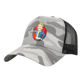 Fallout Vault Boy, Adult Structured Trucker Hat, with Mesh, (Camouflage) Army Camo (100% COTTON, ADULT, UNISEX, ONE SIZE)
