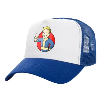 Fallout Vault Boy, Adult Structured Trucker Hat, with Mesh, WHITE/BLUE (100% COTTON, ADULT, UNISEX, ONE SIZE)