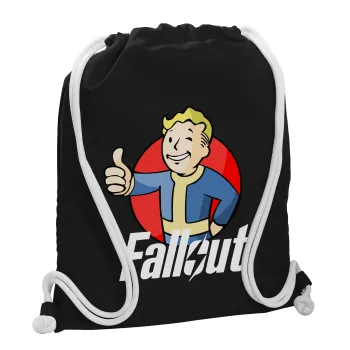 Fallout Vault Boy, Τσάντα πλάτης πουγκί GYMBAG Μαύρη, με τσέπη (40x48cm) & χονδρά λευκά κορδόνια