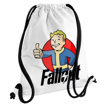 Fallout Vault Boy, Backpack pouch GYMBAG white, with pocket (40x48cm) & thick cords