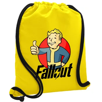 Fallout Vault Boy, Τσάντα πλάτης πουγκί GYMBAG Κίτρινη, με τσέπη (40x48cm) & χονδρά κορδόνια