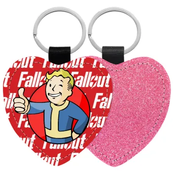 Fallout Vault Boy, Μπρελόκ PU δερμάτινο glitter καρδιά ΡΟΖ