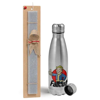Fallout Vault Boy, Easter Set, metallic Inox water bottle (750ml) & aromatic flat Easter candle (30cm) (GRAY)
