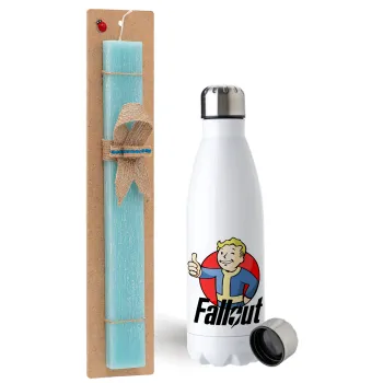 Fallout Vault Boy, Easter Set, metallic stainless steel water bottle (750ml) & aromatic flat Easter candle (30cm) (TURQUOISE)