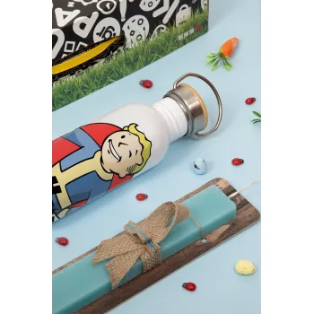 Fallout Vault Boy, Easter Set, metallic silver aluminum water bottle (500ml) & scented flat Easter candle (30cm) (TURQUOISE)