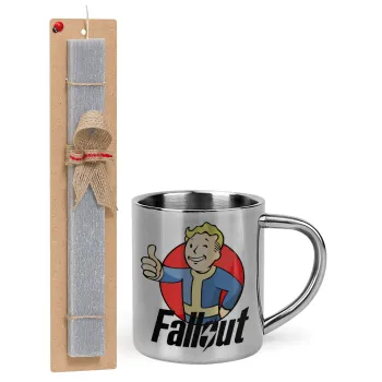 Fallout Vault Boy, Easter Set, metallic thermal cup (300ml) & Easter aromatic flat candle (30cm) (GRAY)