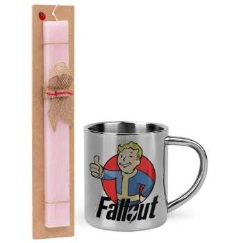 Fallout Vault Boy, Easter Set, metallic thermal cup (300ml) & aromatic flat Easter candle (30cm) (PINK)