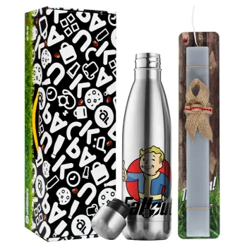Fallout Vault Boy, Easter Set, metallic stainless thermos flask (500ml) & scented flat Easter candle (30cm) (GRAY)