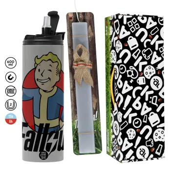 Fallout Vault Boy, Easter candle with Grey Tumbler Thermo 600ml & aromatic flat candle (30cm) (GREY)