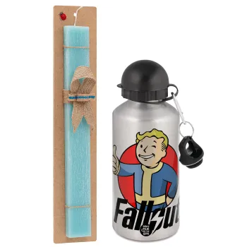 Fallout Vault Boy, Easter Set, metallic silver aluminum water bottle (500ml) & scented flat Easter candle (30cm) (TURQUOISE)