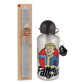 Fallout Vault Boy, Πασχαλινή Λαμπάδα με παγούρι μεταλλικό Ασημένιο αλουμινίου (500ml) & κερί αρωματικό πλακέ (30cm) (ΓΚΡΙ)