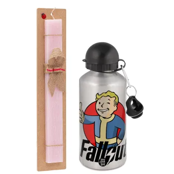 Fallout Vault Boy, Πασχαλινή Λαμπάδα με παγούρι μεταλλικό Ασημένιο αλουμινίου (500ml) & κερί αρωματικό πλακέ (30cm) (ΡΟΖ)