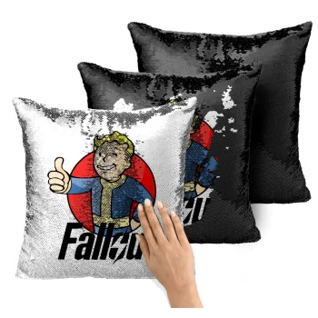 Fallout Vault Boy, Μαξιλάρι καναπέ Μαγικό Μαύρο με πούλιες 40x40cm περιέχεται το γέμισμα