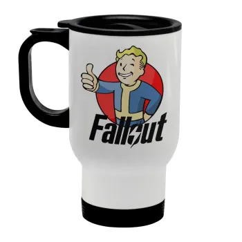Fallout Vault Boy, Κούπα ταξιδιού ανοξείδωτη με καπάκι, διπλού τοιχώματος (θερμό) λευκή 450ml