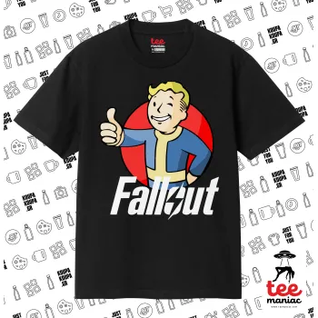 Fallout Vault Boy, Κλασικό T-Shirt, διπλής ραφής, χωρίς πλευρικές ραφές ΜΑΥΡΟ από 100% βαμβάκι. Vegan & OEKO-TEX πιστοποιημένο.