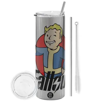 Fallout Vault Boy, Tumbler ποτήρι θερμό Ασημένιο από ανοξείδωτο ατσάλι 600ml, με μεταλλικό καλαμάκι & βούρτσα καθαρισμού