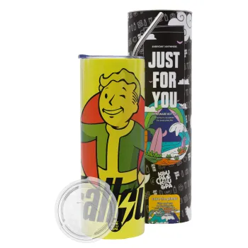 Fallout Vault Boy, Neon Yellow Travel Tumbler θερμό, μεταλλικό καλαμάκι(Ανωξείδωτο 304 Food grade, BPA free, 600ml)