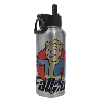 Fallout Vault Boy, Μεταλλικό παγούρι θερμός Silver με καλαμάκι και χερούλι (Stainless steel), διπλού τοιχώματος, 950ml
