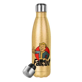 Fallout Vault Boy, Glitter gold stainless steel thermos bottle, double-walled, 500ml