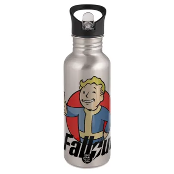 Fallout Vault Boy, Παγούρι νερού Ασημένιο με καλαμάκι, ανοξείδωτο ατσάλι 600ml