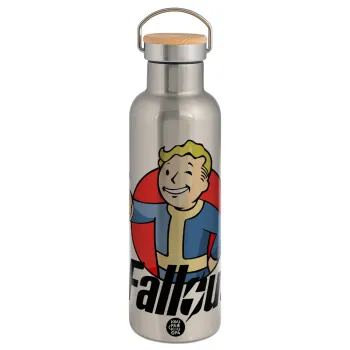 Fallout Vault Boy, Μεταλλικό παγούρι θερμός (Stainless steel) Ασημένιο με ξύλινο καπακι (bamboo), διπλού τοιχώματος, 750ml