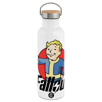 Fallout Vault Boy, Μεταλλικό παγούρι θερμός (Stainless steel) Λευκό με ξύλινο καπάκι (bamboo), διπλού τοιχώματος, 750ml